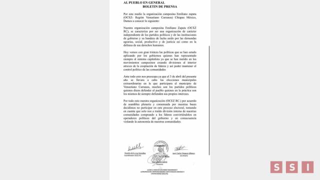 Susana Solis Informa OCEZ-Carranza no participará en elecciones extraordinarias