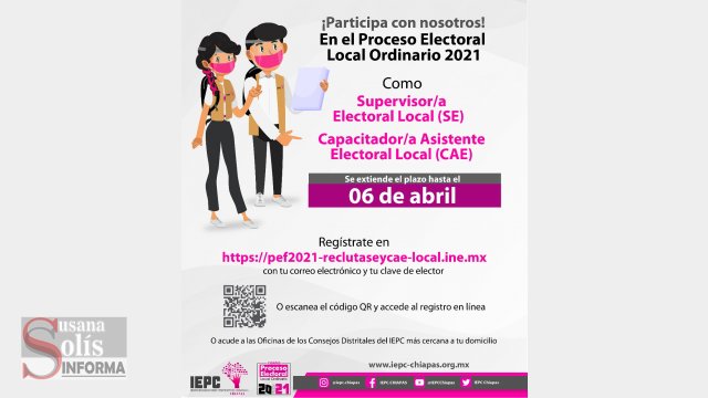 Susana Solis Informa Convocatoria para Supervisores Electorales y Capacitadores Asistentes Electorales locales estará disponible hasta el 6 de abril