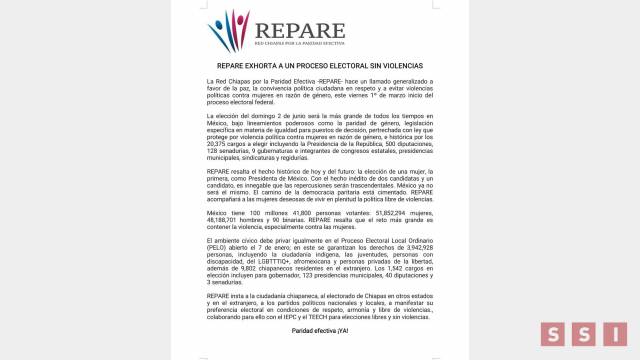 Susana Solis Informa EXHORTA REPARE a un proceso electoral sin violencias
