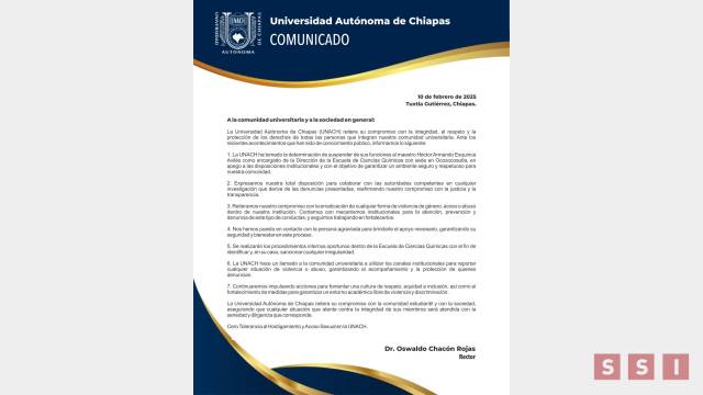 Susana Solis Informa SUSPENDEN de sus funciones a director de Escuela de Ciencias Químicas de la UNACH; colaborarán con las autoridades en las investigaciones