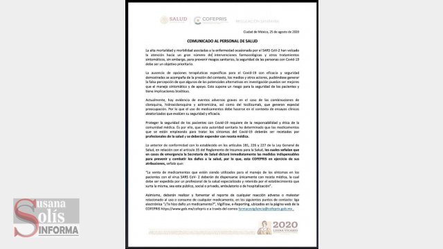 Susana Solis Informa PROHIBE COFEPRIS venta libre de medicamentos para Covid-19