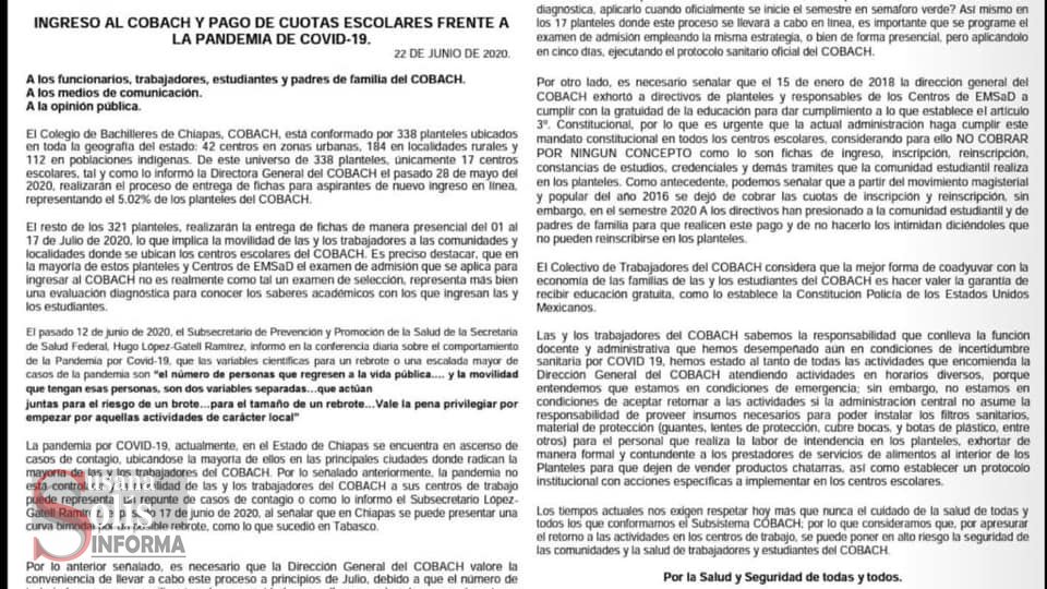 EN PLENA PANDEMIA COBACH pone en riesgo a sus trabajadores - Susana Solis Informa