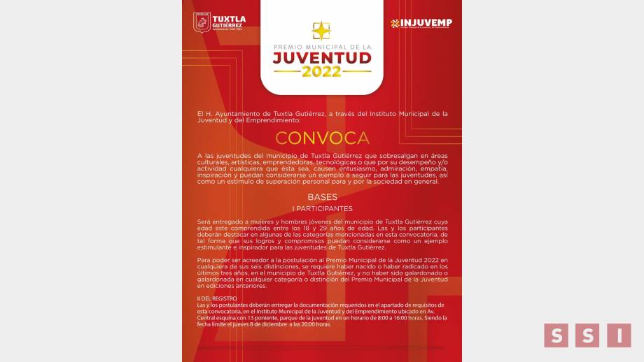 Lanza Ayuntamiento de Tuxtla mediante el INJUVEMP convocatoria al Premio Municipal de la Juventud - Susana Solis Informa