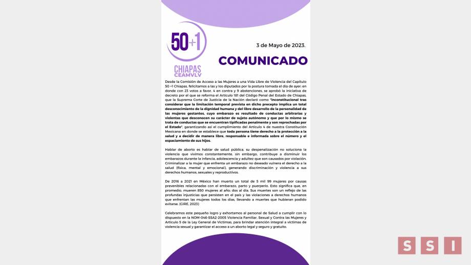 RECONOCE Colectiva 50 +1 aprobación del Congreso del Estado de interrupción de embarazo en caso de violación - Susana Solis Informa