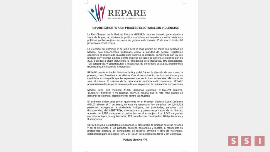EXHORTA REPARE a un proceso electoral sin violencias - Susana Solis Informa