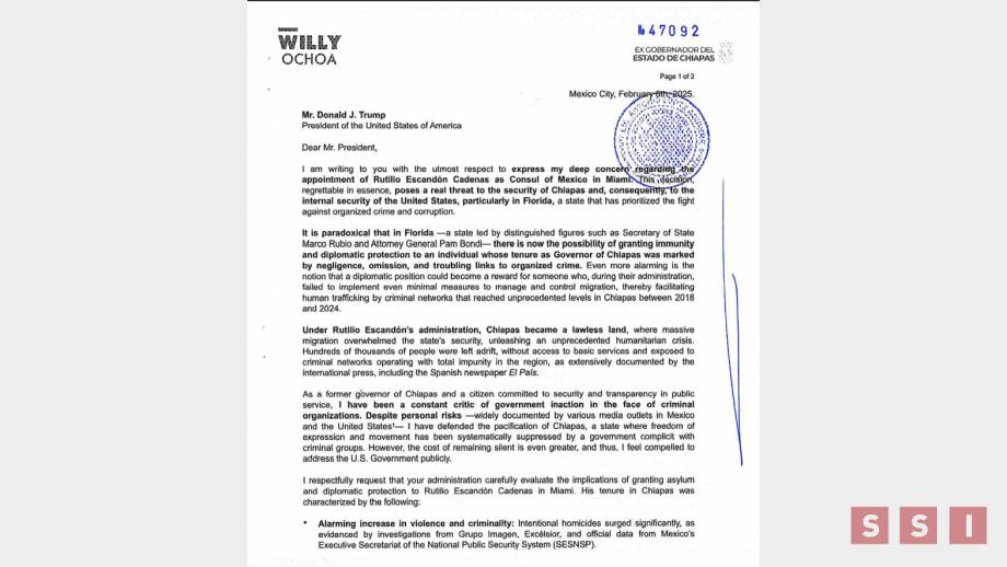 ENVÍA carta Willy Ochoa a Donald Trump, advierte que el ex gobernador Rutilio Escandón es una amenaza para ese país - Susana Solis Informa